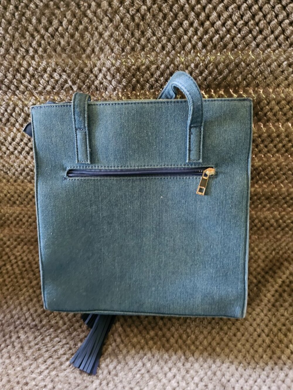 Y2K Denim Patchwork Chevron Tote Shoulder Bag Blue Boho Tassel Multi Pocket EUC - Picture 2 of 5